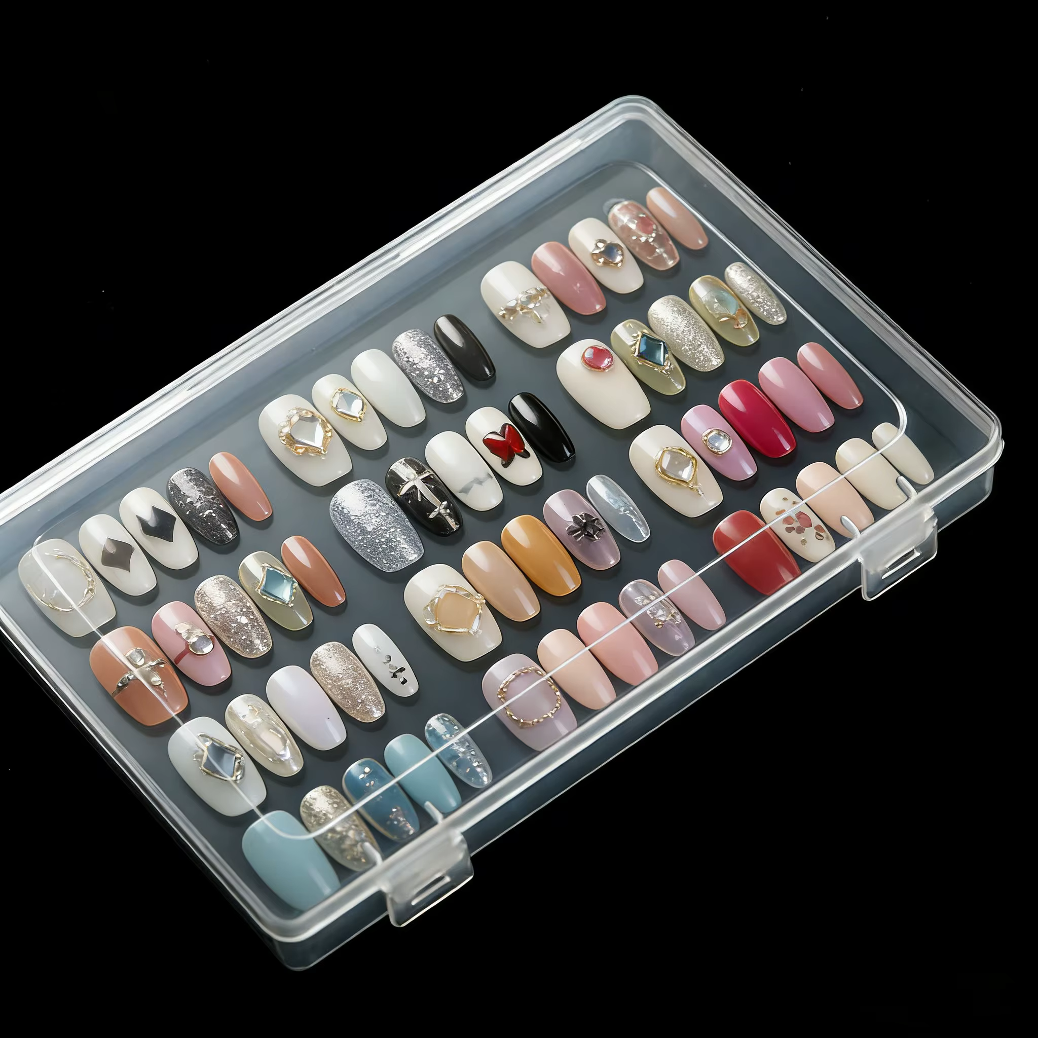 Boîte de rangement grande capacité pour faux ongles, anti-poussière, transparente, pratique, avec carte de couleurs et présentoir pour plaques d'ongles