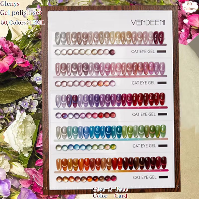 Gel UV/LED pour ongles effet œil de chat 50 couleurs Glenys – Kit professionnel pour salon de manucure