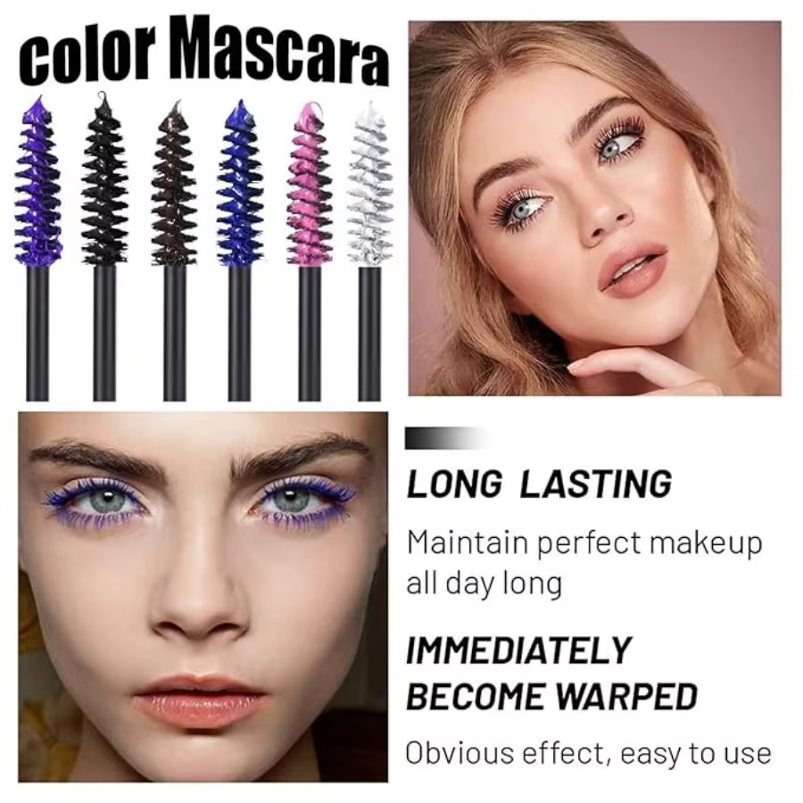 Mascara 6 couleurs avec grande tête de brosse, facile à appliquer, ne se décolore pas, blanc, violet, bleu royal, argent, café, pas facile à tacher, mascara et gel pour sourcils