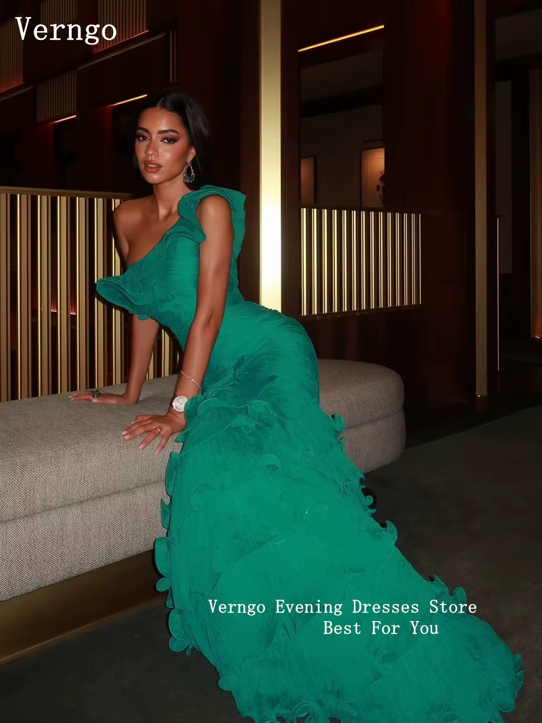 Robe de soirée élégante en mousseline verte Verngo, asymétrique, coupe sirène, à volants, en soie plissée, pour invitées de mariage, personnalisable