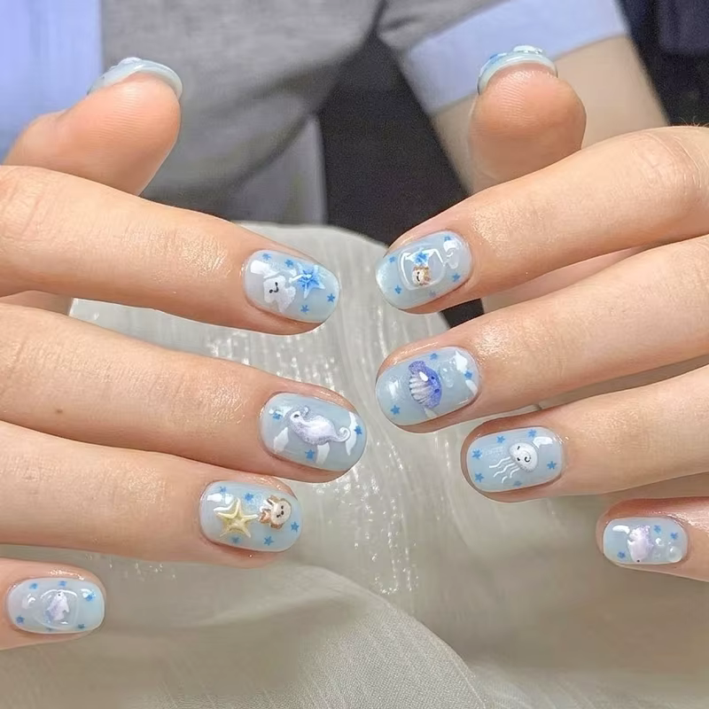 10 pièces 【Ocean Love】 Faux ongles à presser effet œil de chat