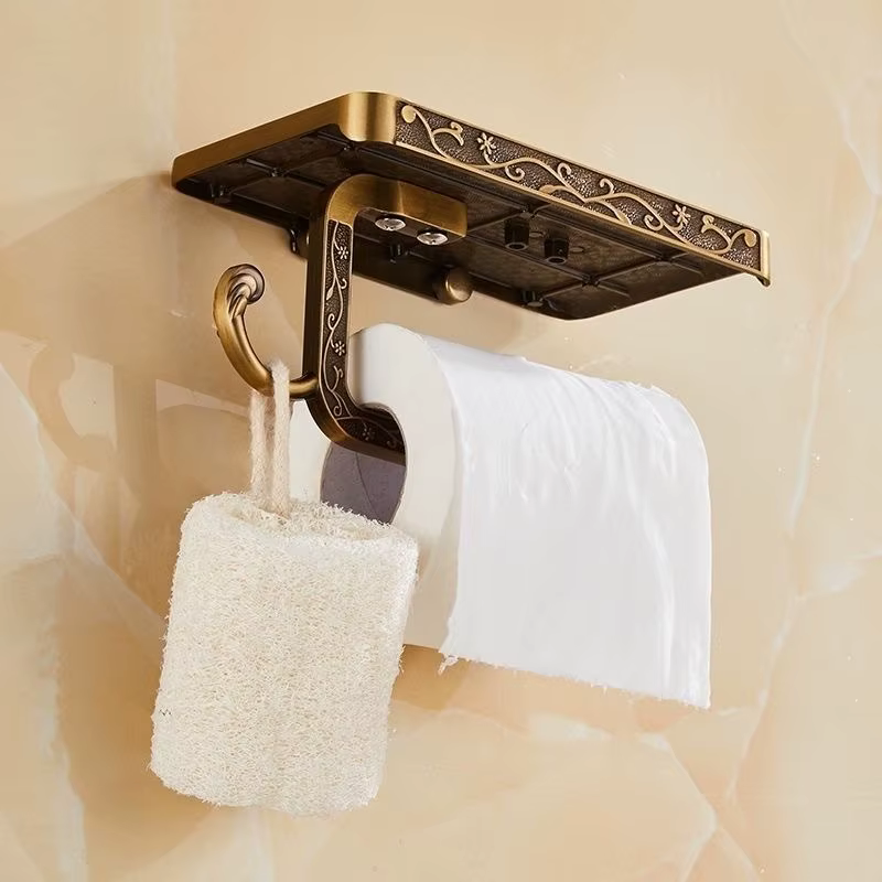 Support de papier toilette et de téléphone portable en bronze sculpté, style antique vintage, pour salle de bain, accessoire de rangement