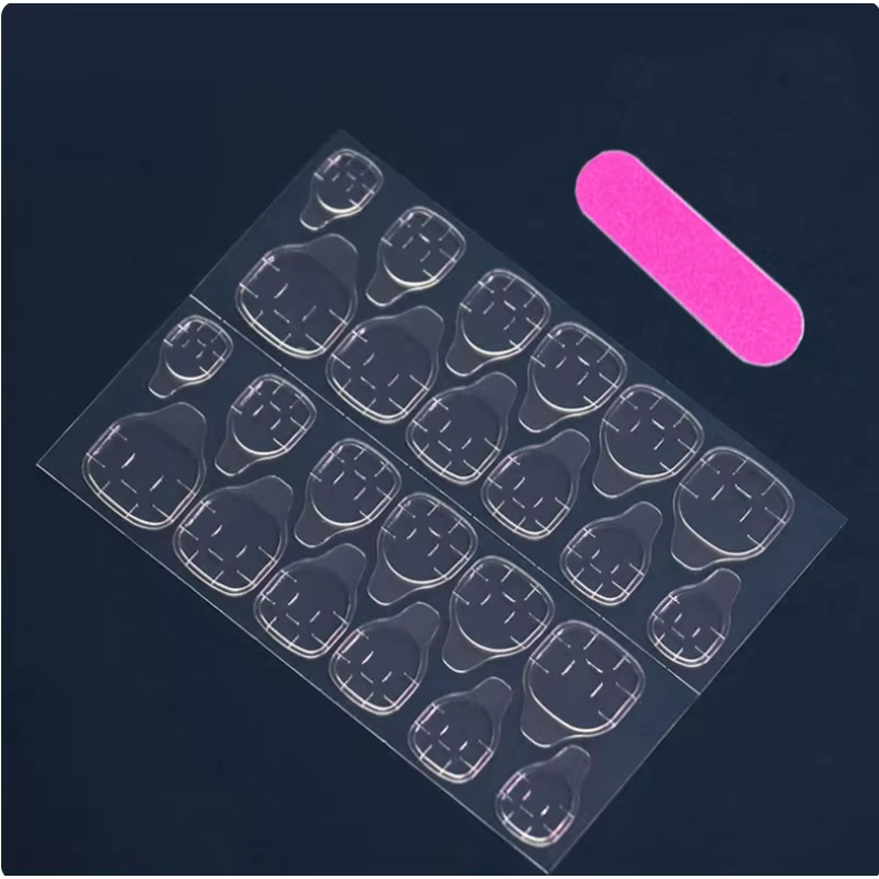 24 pièces rayures minimalistes françaises courtes avec 1 gelée et 1 lime à ongles doux Nail Art rose blanc rayure