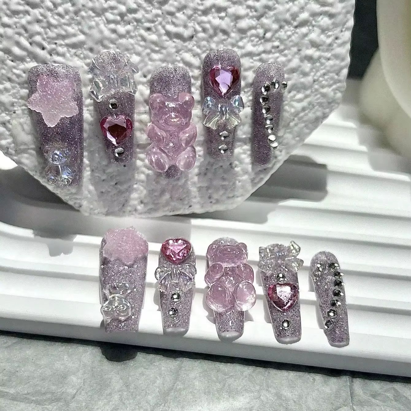 Dessin animé mignon rose Smoothie Nail Art arc ours étoile Bling faux ongles