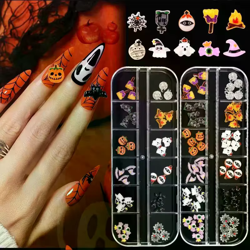 12 grilles série Halloween Nail Art bijoux dessin animé fantôme citrouille araignée chauve-souris breloques pour ongles