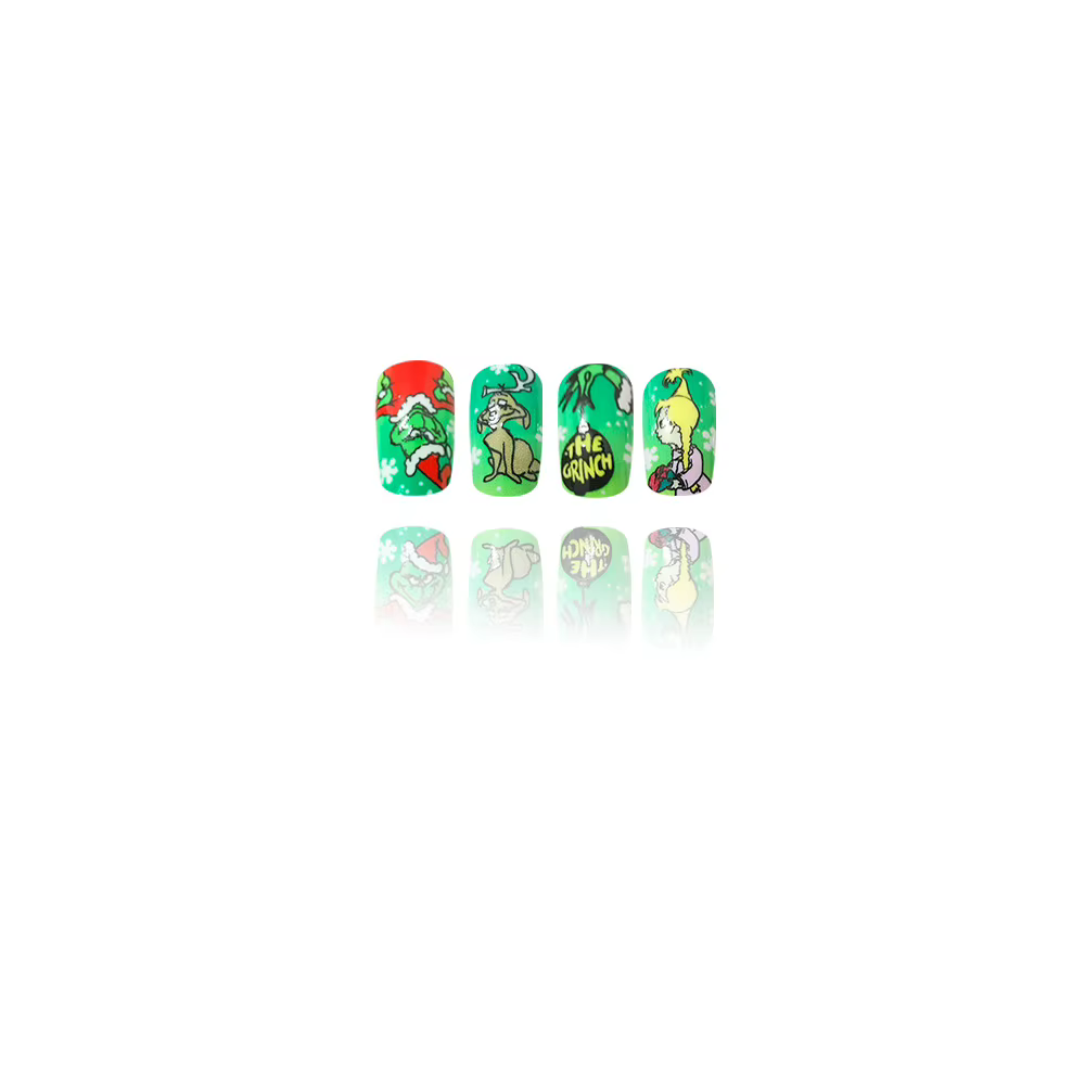 Faux ongles carrés courts à pression de noël monstre vert mignon avec lettres vertes Grinch couverture complète bâton