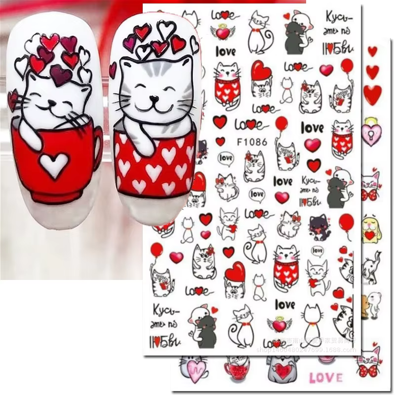3d Nail Art décalcomanies saint valentin coeurs rouges ballons chats mignons amour lettres autocollants pour ongles Art manucure conseils décorations