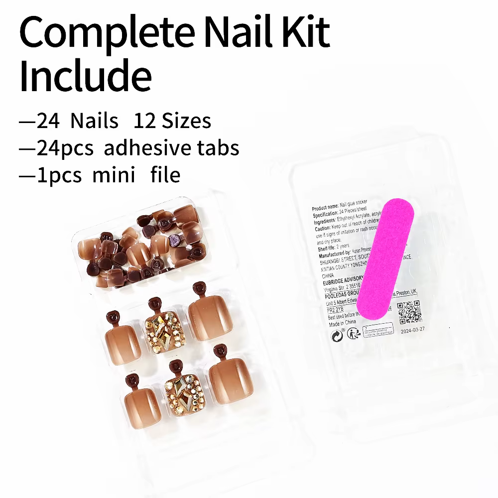 24 pièces diamant faux ongles court carré Aurora couverture complète portable strass