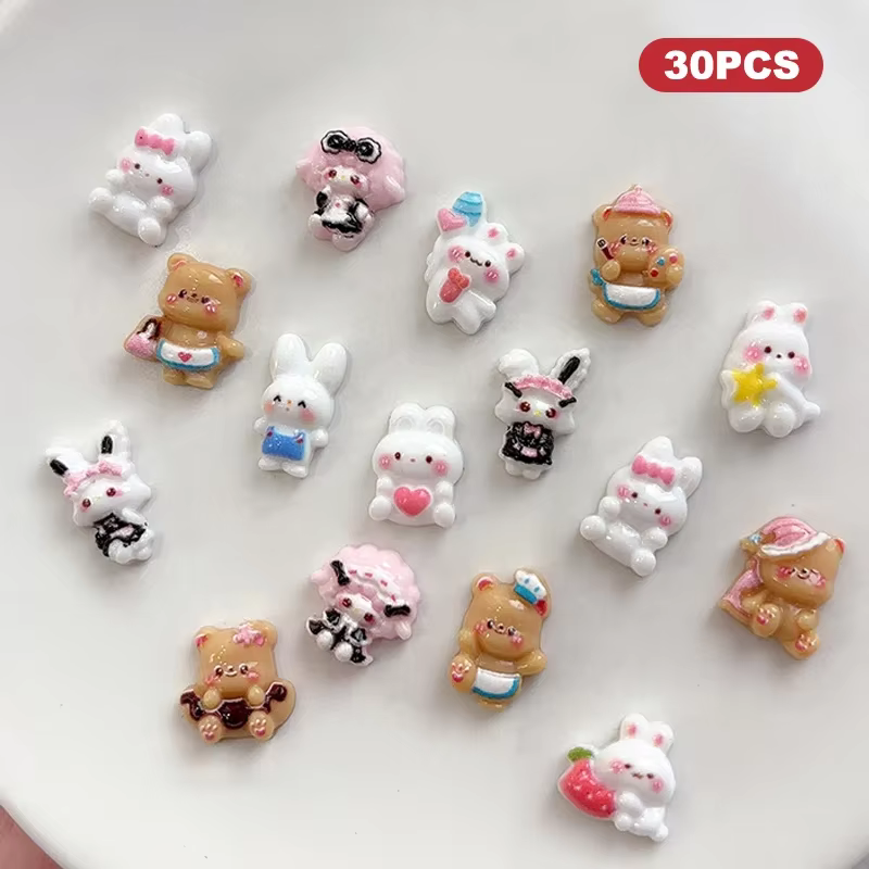 30 pièces dessin animé lapin Nail Art charme 3D couleur bonbon résine
