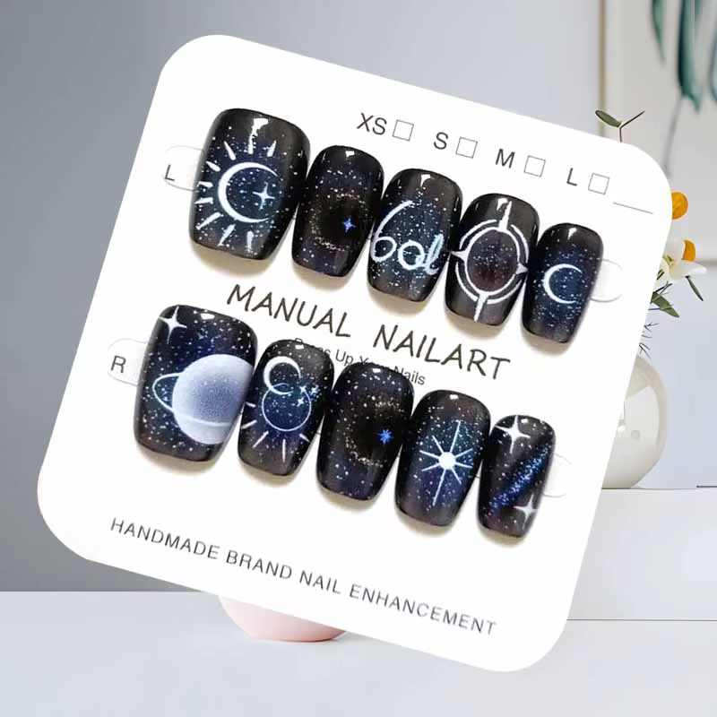 10 pièces 【Happy Planet 】 Cool Fantasy noir dégradé manucure presse sur les ongles Ins tendance détachable faux