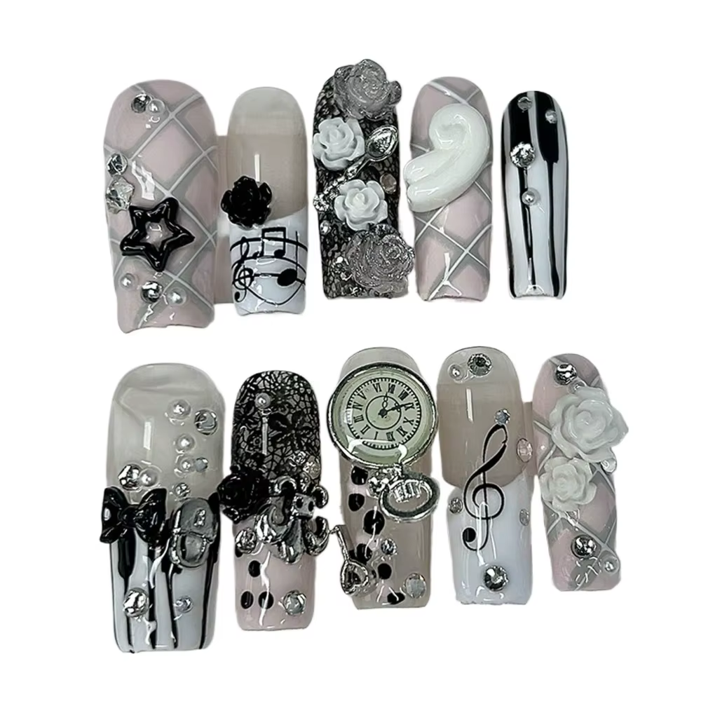 Notes musicales rétro Vintage mignon rose français à la main presse sur les ongles 3D