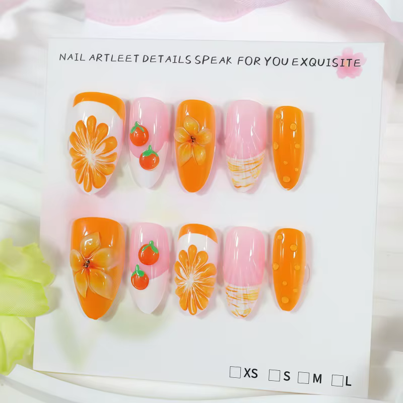 Nouveauté 2026 – 30 faux ongles 3D en forme d'orange