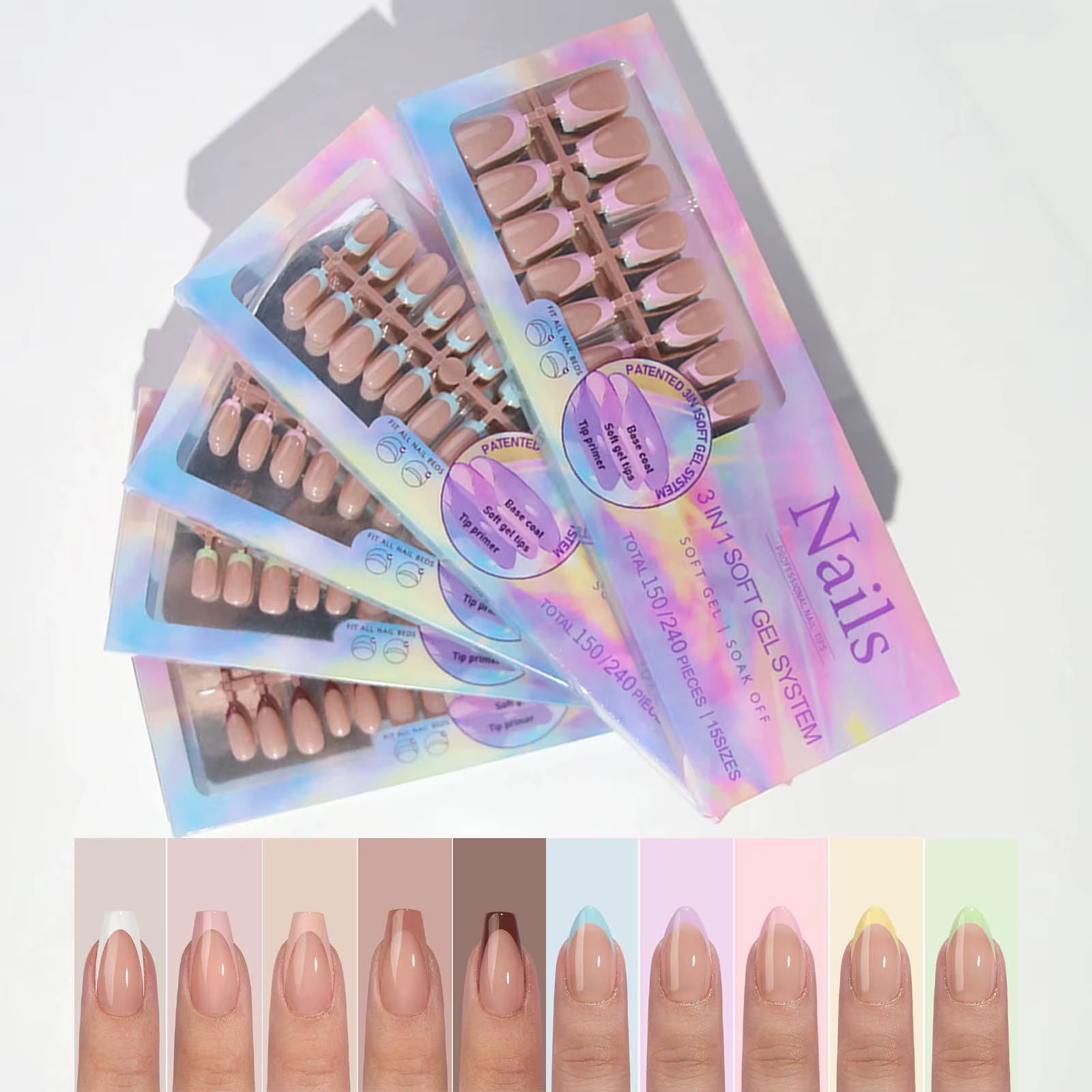 150 pièces 6 couleurs faux ongles multi-tailles