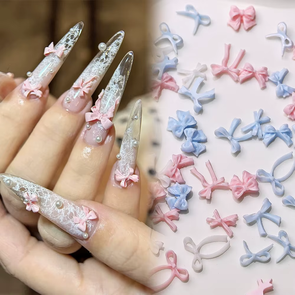 100 pièces 3D bébé bleu mixte nœud papillon Nail Art décorations résine doux ruban arcs ongles breloques pour bricolage artisanat manucure accessoires