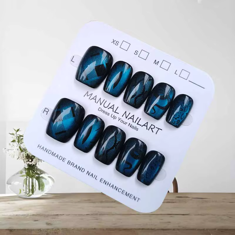 10 pièces Style foncé vent frais paon bleu émeraude Bordeaux rouge oeil de chat presse sur les ongles