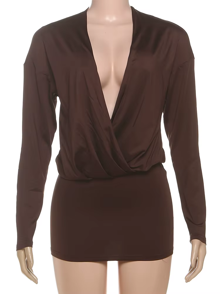 Sisterlinda – Mini robe élégante pour femmes, col en v profond, manches longues, slim, hanche pêche, soirée en boîte de nuit, Sexy, mode, couleur unie, moulante