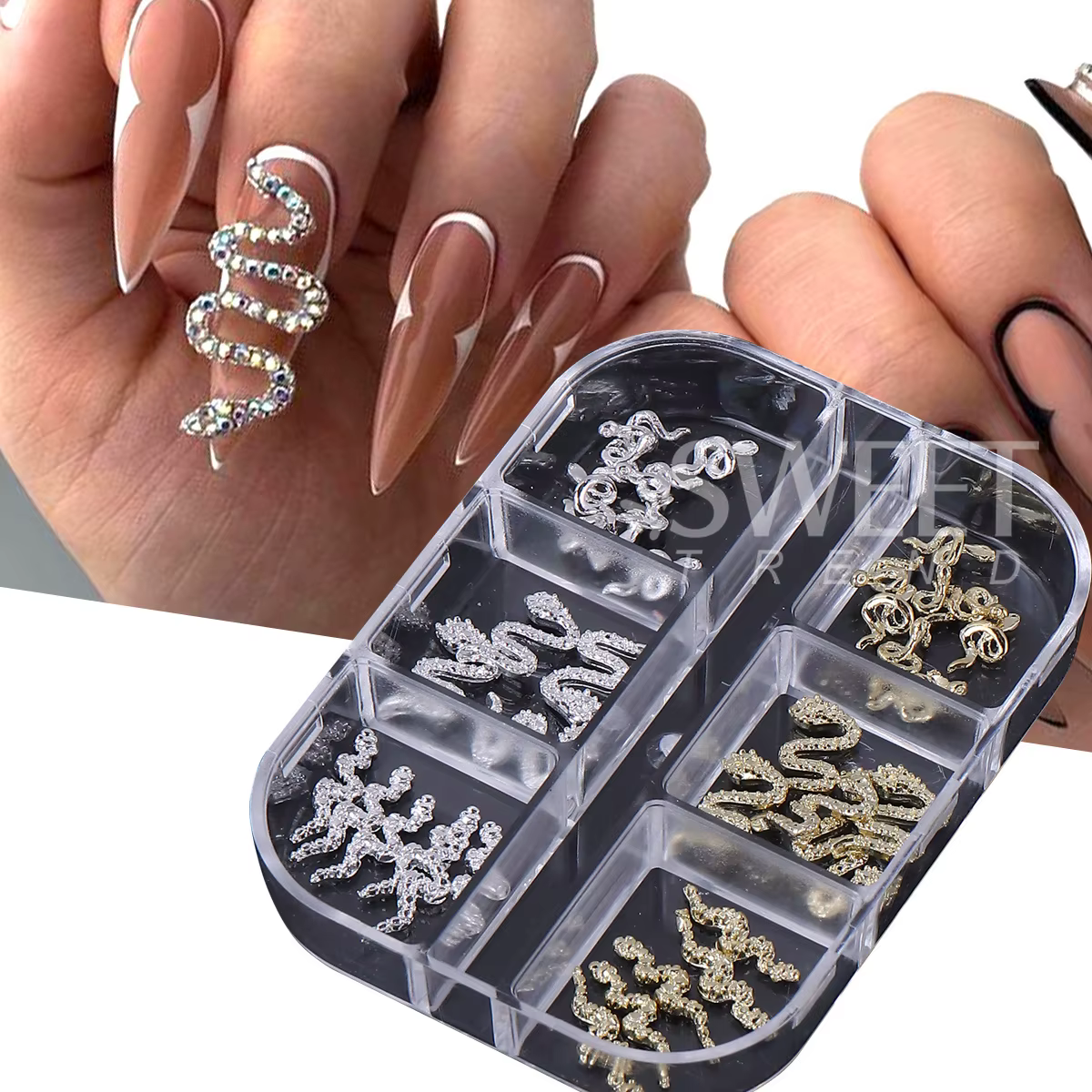 2 boîtes de strass serpent Rivet ongles accessoires Style Punk or argent métal bijoux Cool charme Halloween manucure décor pièces
