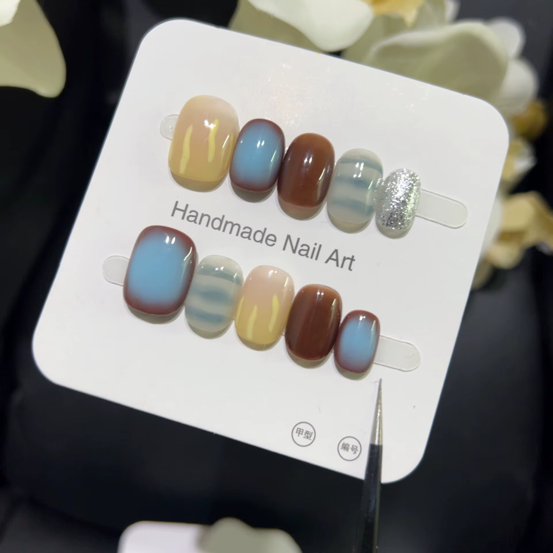 10 pièces crème bleu Blush carré fait à la main faux ongles rétro marron dégradé court rond presse