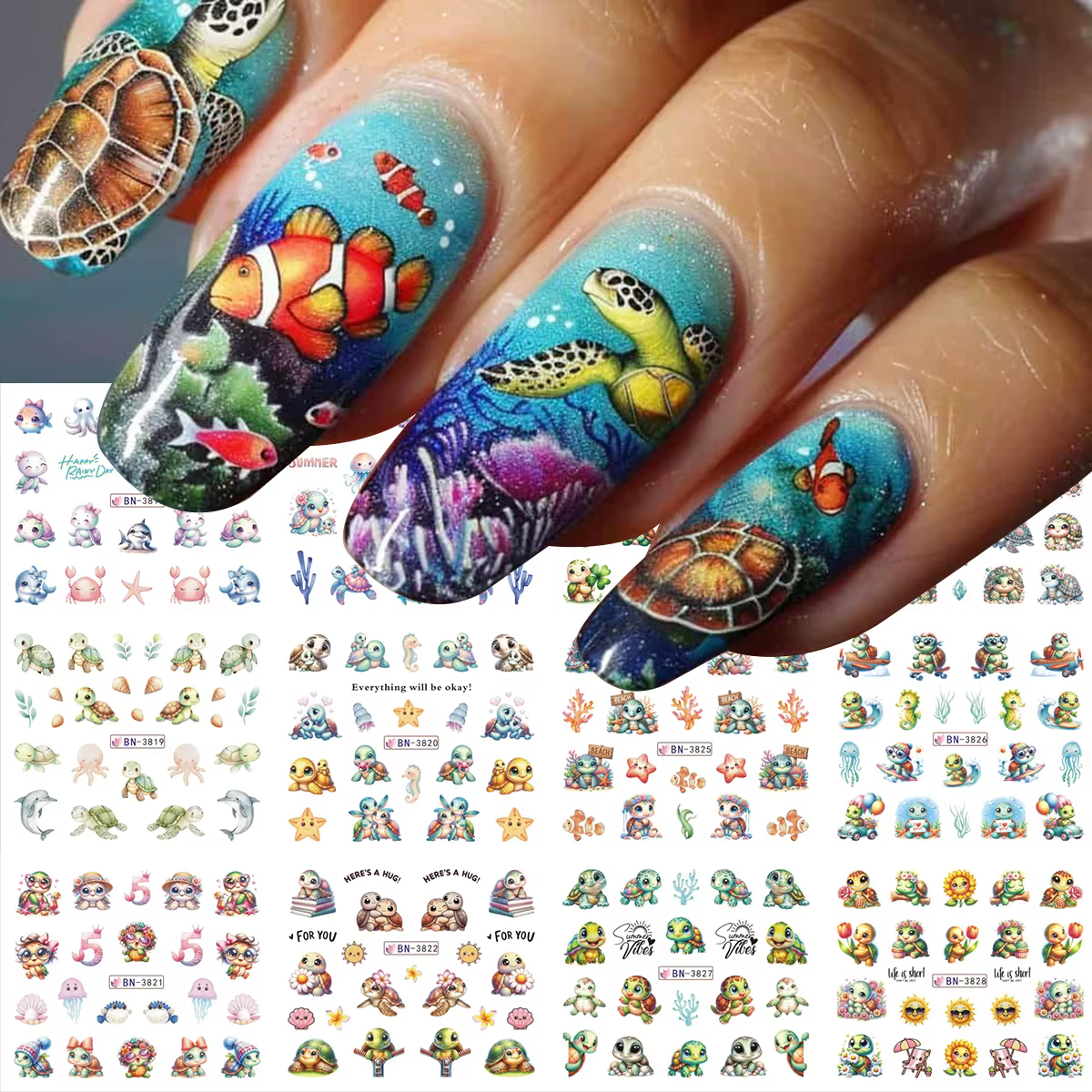 12 Motifs Adorables Tortues Marines Autocollants d'Été pour Ongles Dauphins Étoiles Thème Océan Décoration Manucure à Transfert d'Eau Breloques Coulissantes