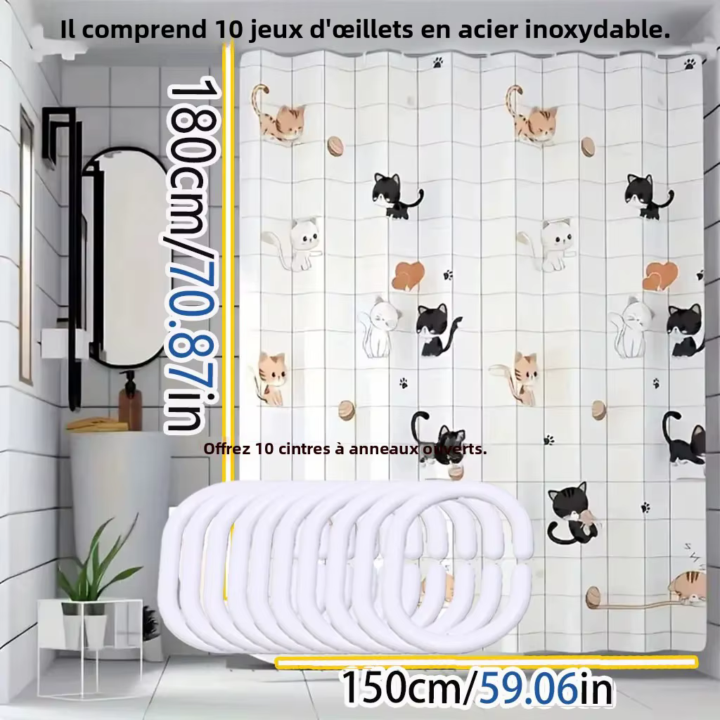 Rideau de douche simple avec motif de chat coquin, facile à nettoyer et à récurer, en matériau PEVA imperméable, léger et opaque