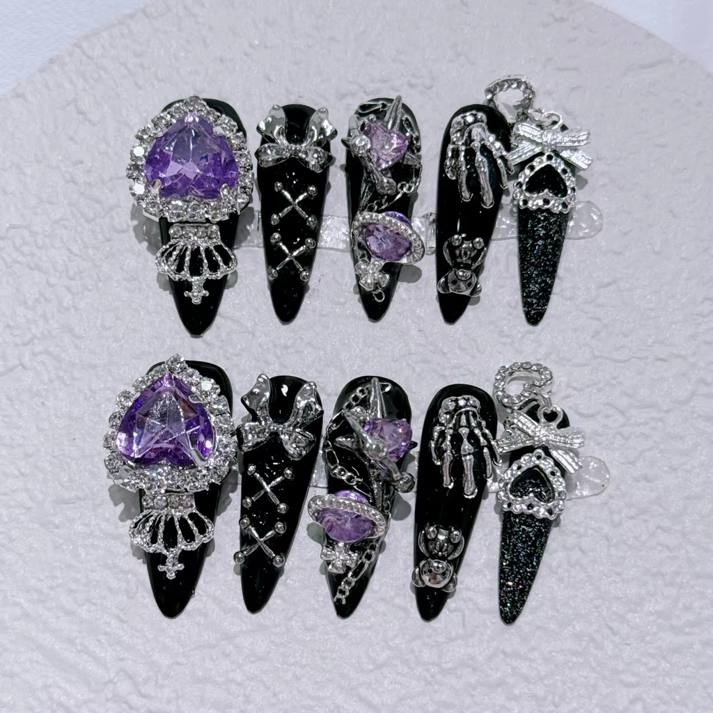 Japonais Menhera Luxe Long Tips Presse Sur Les Ongles y2k Spice Girls Noir Fait Main Nail Bear Arc Couronne Violet Diamants Faux