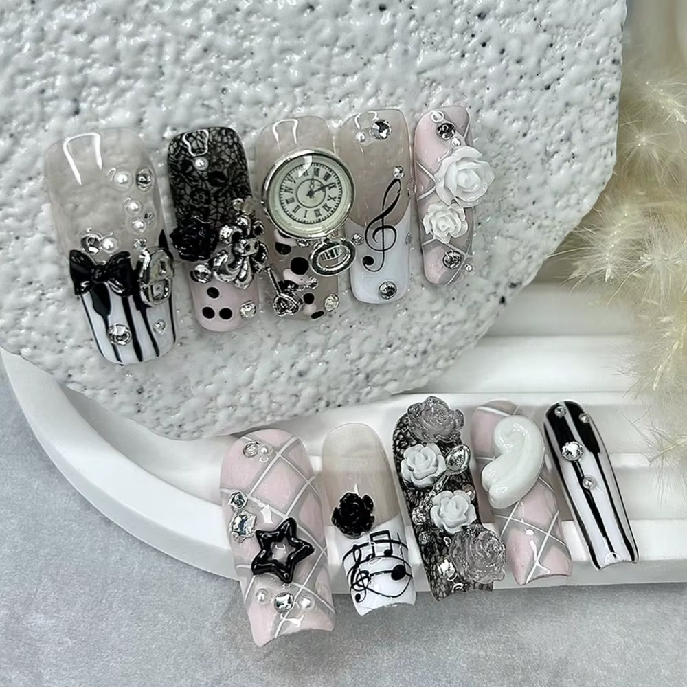 Notes musicales rétro Vintage mignon rose français à la main presse sur les ongles 3D
