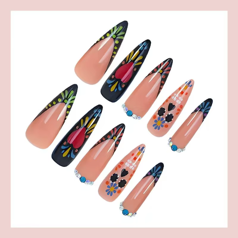 24 faux ongles, motif floral abstrait en forme de cœur orné de strass