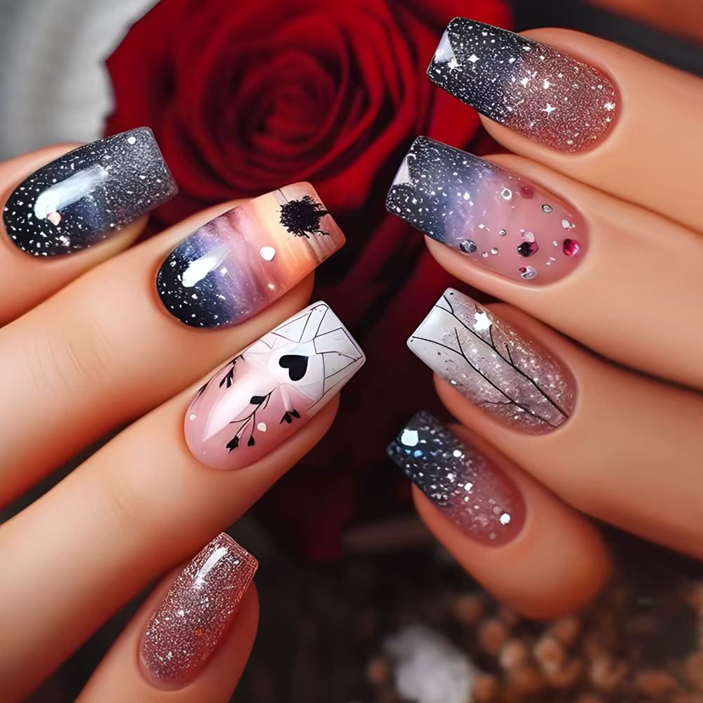 24 pièces faux ongles avec ciel étoilé coloré carré presse