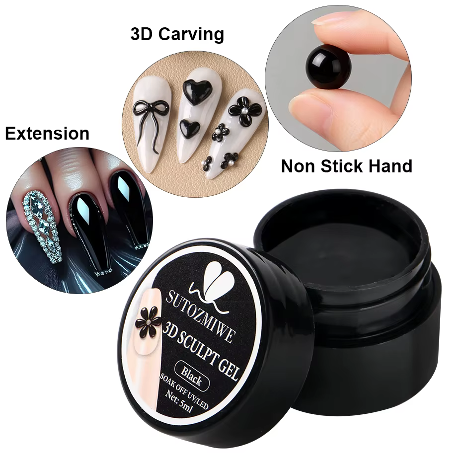 Gel Sculptant 3D Noir 5ml pour Extension Rapide des Ongles