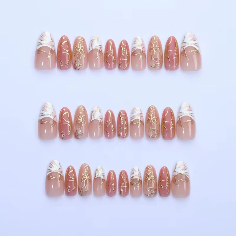 24 pièces de luxe fleur dorée lignes irrégulières amande faux ongles Simple blanc français presse