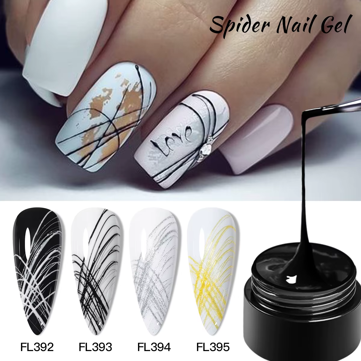 Gel UV pour ongles effet araignée noir et blanc