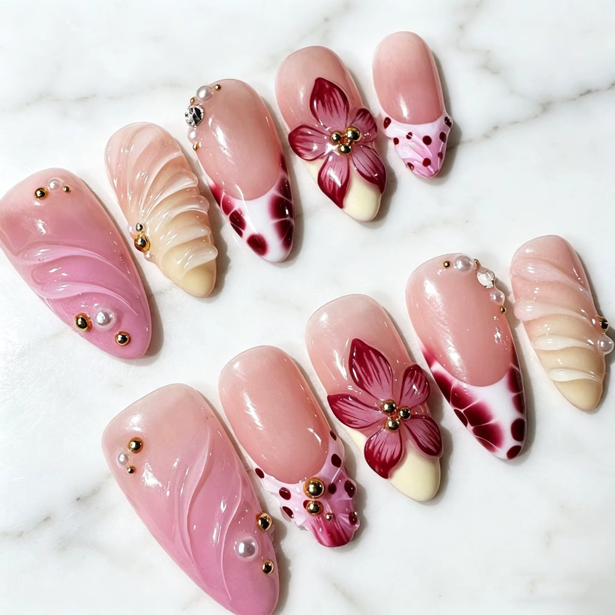 10 pièces/boîte Faux ongles en gel effet coquille ondulée