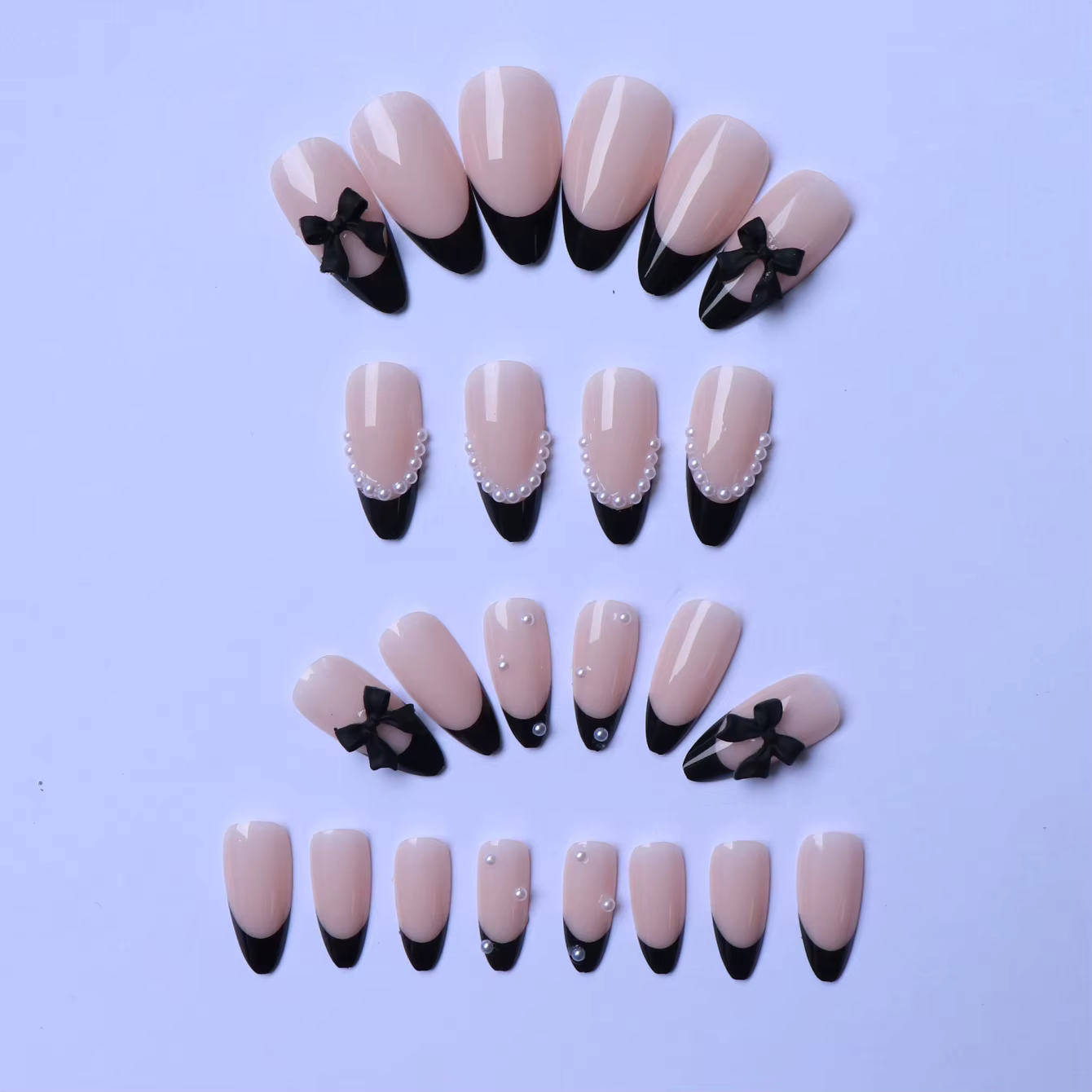 ARTAUG 96 pièces faux ongles français pressés en amande avec des motifs de perles et de fleurs d'arc 3d