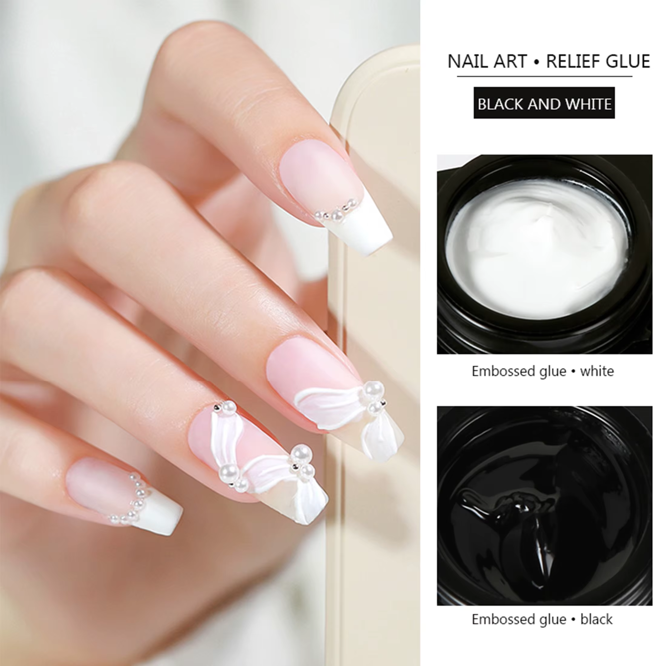 Verhéritage à Ongles en Gel Gaufré Peint 3D en Noir et Blanc