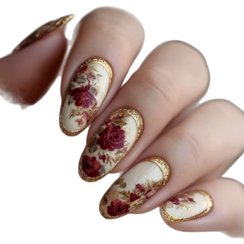24 pièces ongles à pression avec amande Rose plaquée or Design Floral classique