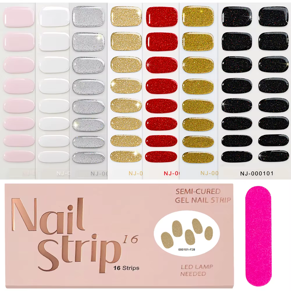 16 autocollants pour ongles en gel semi-durci à paillettes noires + 1 lime
