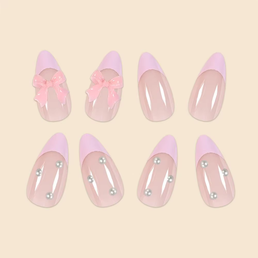 Nouveautés 24 pièces taille courte goutte d'eau française bords roses et nœuds de perles filles femmes ensemble de faux ongles portables