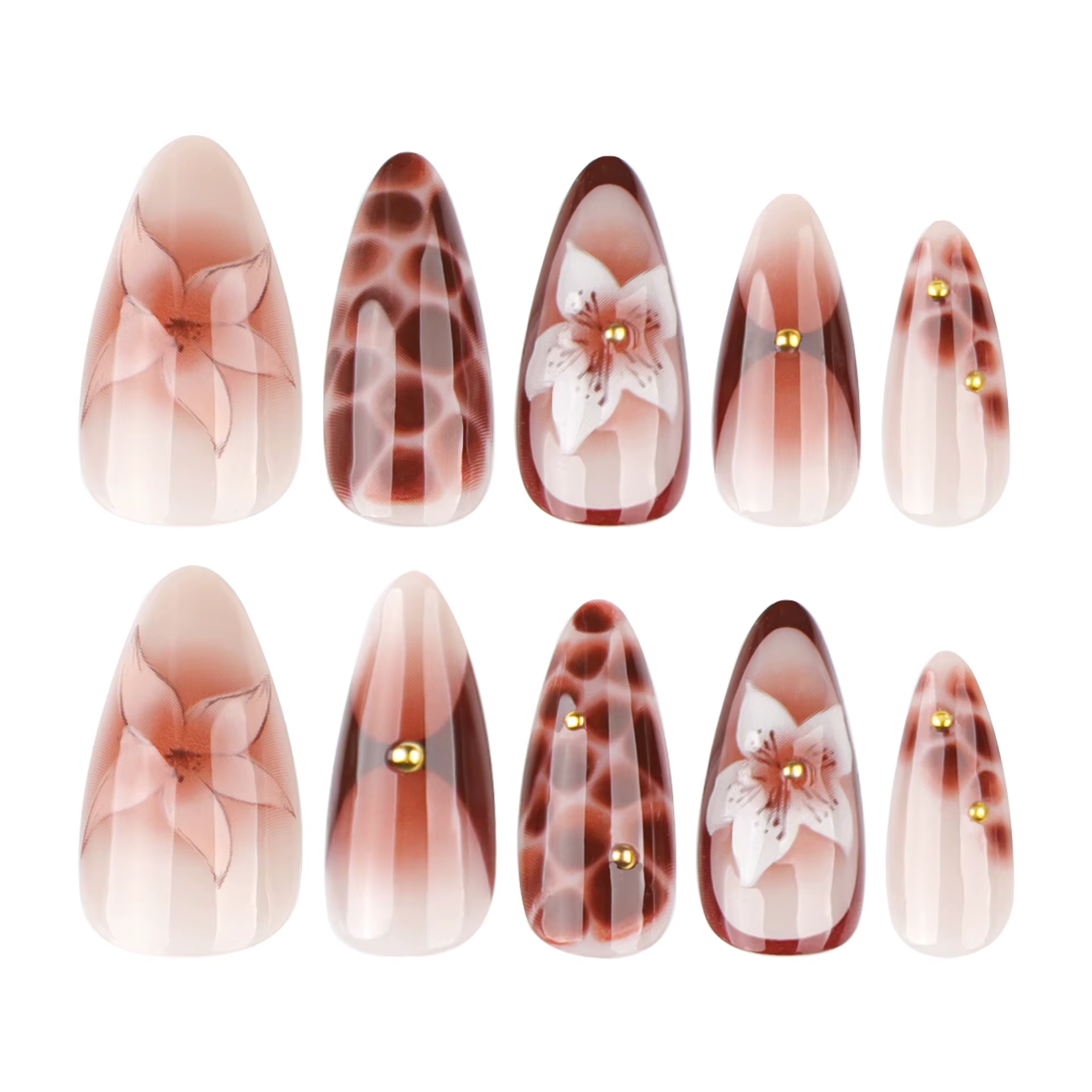 24 pièces rétro amande presse sur ongles marron marbre fissures fleur de glace imprimé faux