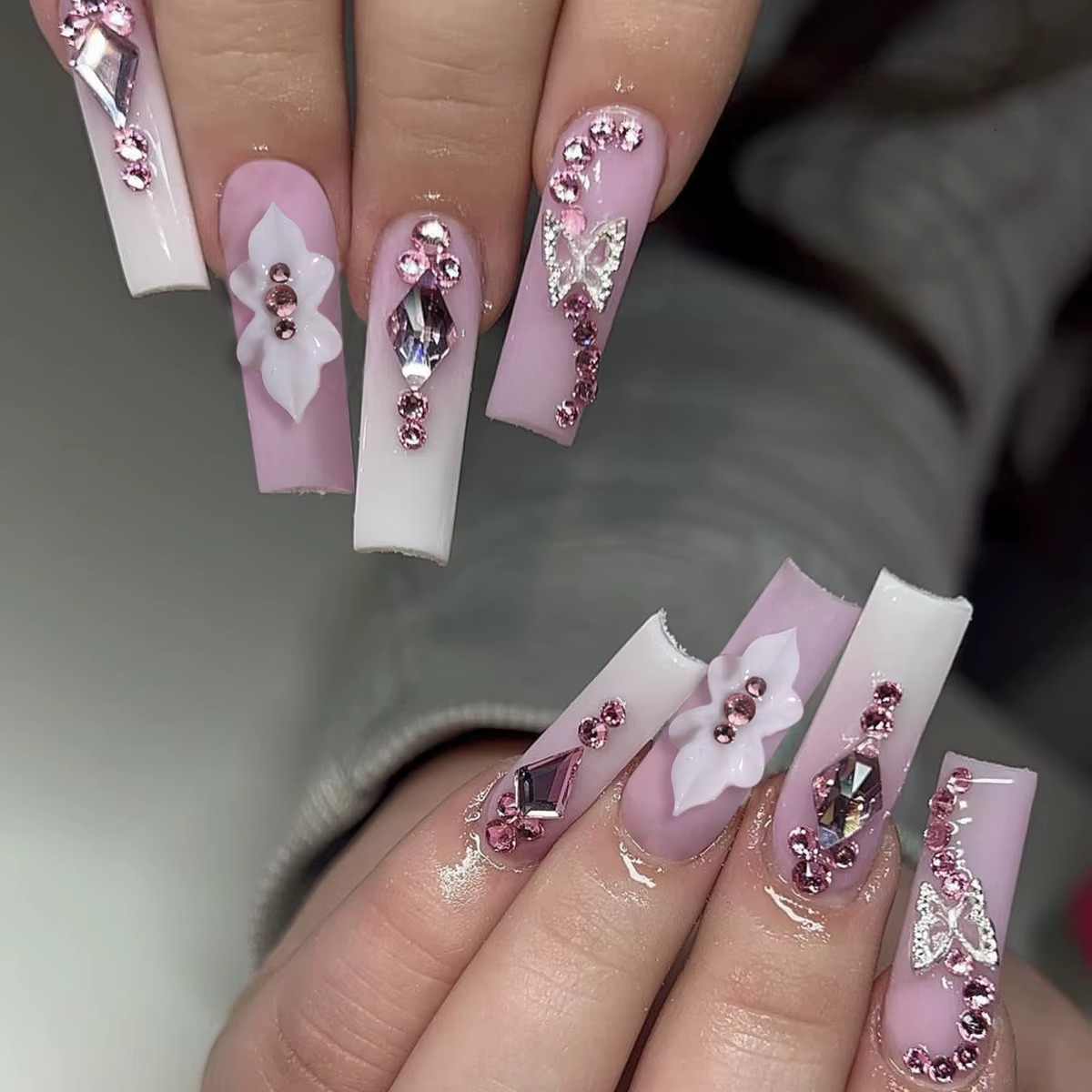 24 faux ongles longs carrés verts effet marbré