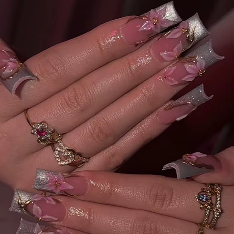 24 pièces rose imprimé léopard presse sur ongles carré faux