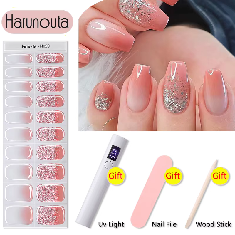 Harunouta 4 pièces/ensemble bandes d'ongles en Gel semi-durci avec sèche-ongles lime à ongles bâton en bois opale laiteuse brillant LED enveloppes durcies