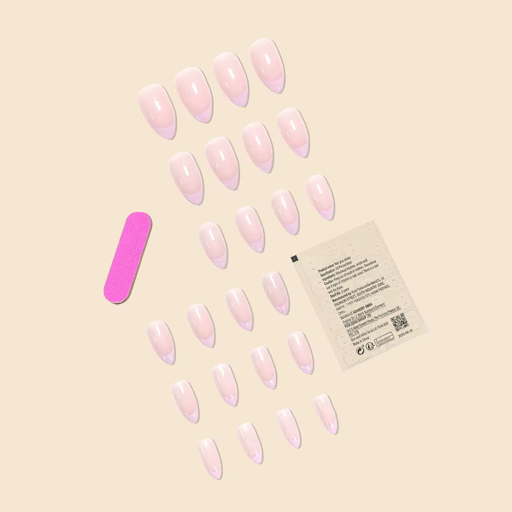 Mode femmes filles longue forme ovale français rose bordure rayures couverture complète portable faux ongles presse sur Nail Art 24 pièces/ensemble 