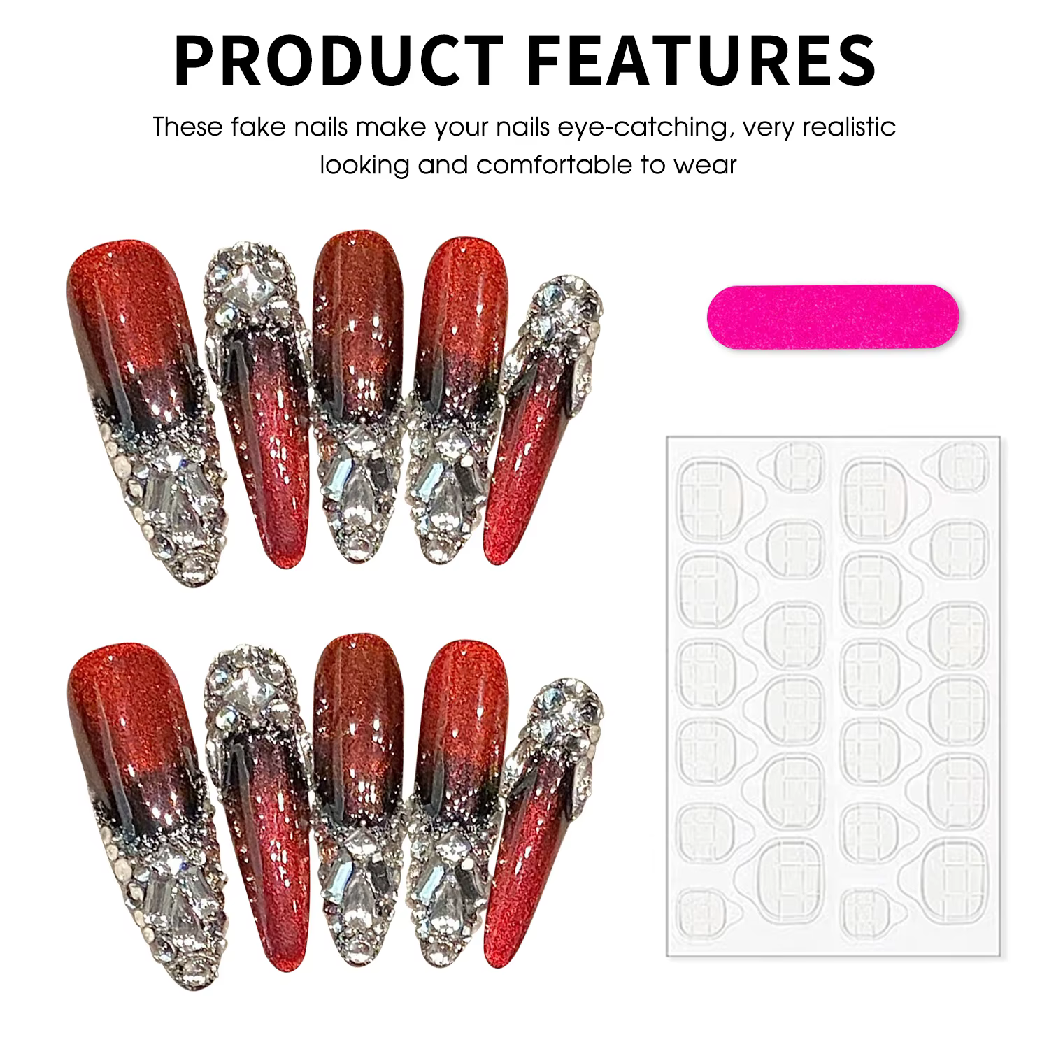 Faux ongles de luxe super longs en amande rouge vin