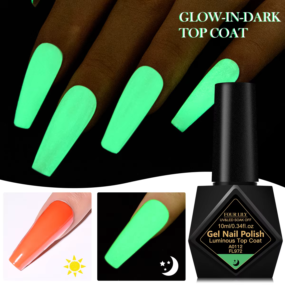 FOUR LILY 10ml Top Coat Lumineux Sans Résidu Gel Vert Phosphorescent Vernis à Ongles DIY Salon à Domicile Cadeau Festif Pour la Saint-Valentin