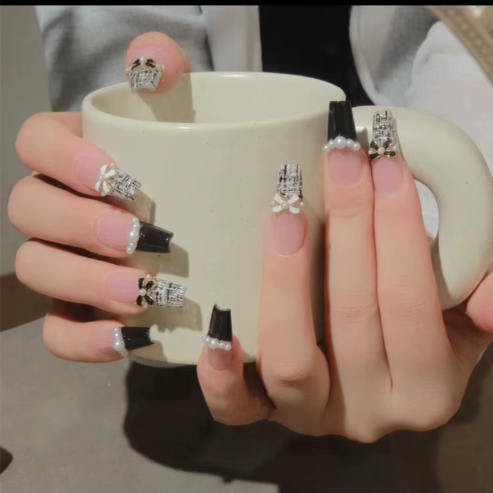 24 pièces noir français presse sur ongles blanc arc perle conception faux
