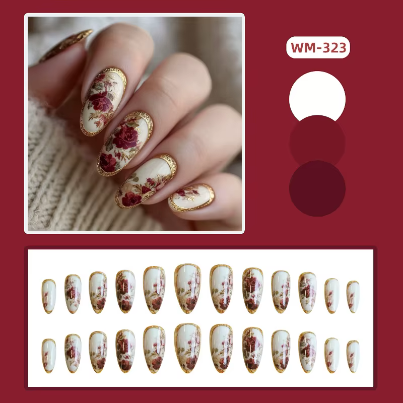 24 pièces ongles à pression avec amande Rose plaquée or Design Floral classique