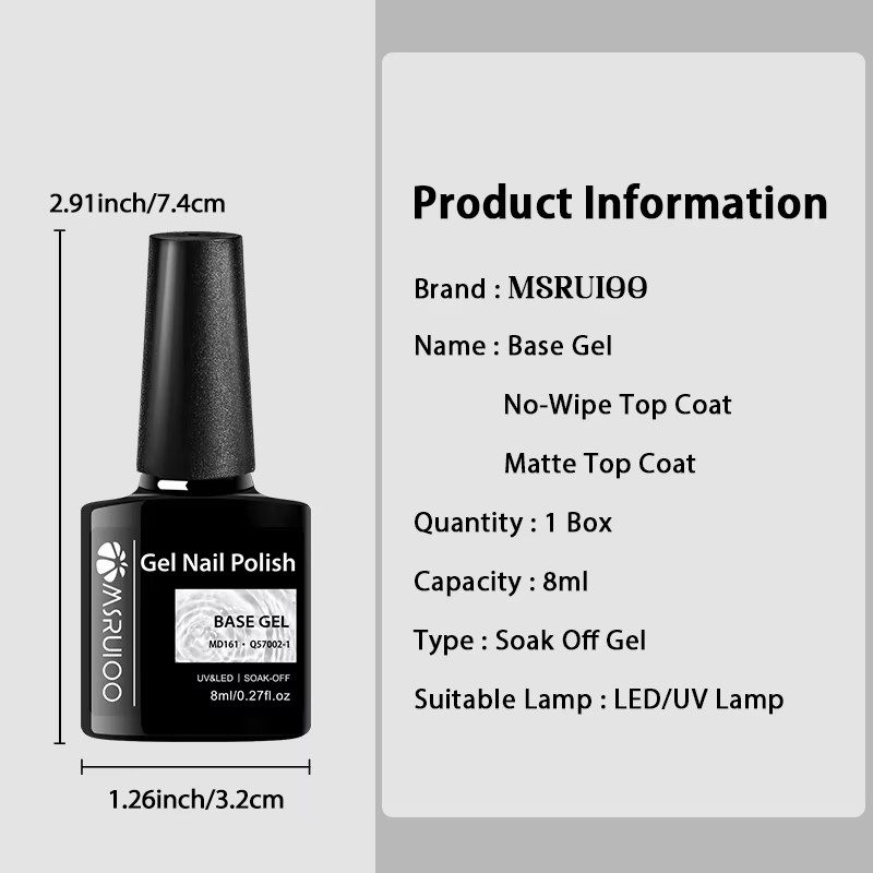 MSRUIOO 8ml Base et Top Coat Gel Polish Soak Off Semi-Permanent UV Vernis à Ongles Gel UV