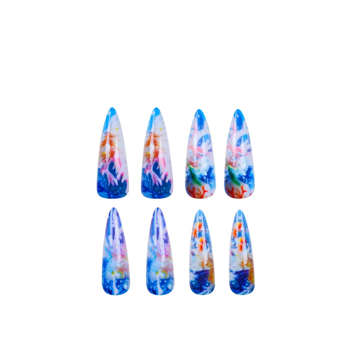 24 pièces été frais faux ongles conseils longue amande mignon monde sous-marin imprimé presse