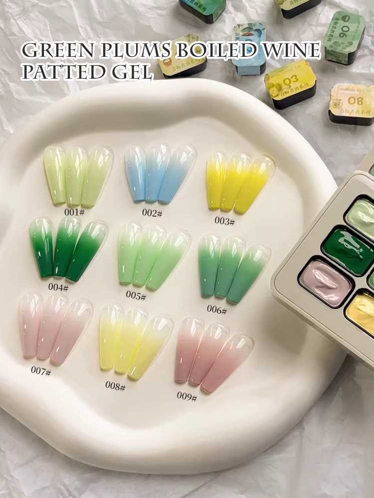 Gel semi-solide pour ongles 9 couleurs, motif prune verte et vin bouilli, effet estompé, haute saturation, populaire, en pot, pour salon de manucure