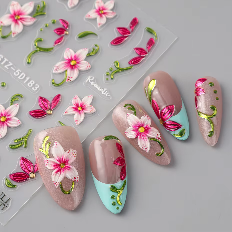 Autocollants pour ongles motif fleur de lys rose - Motifs fleurs roses et feuilles vertes